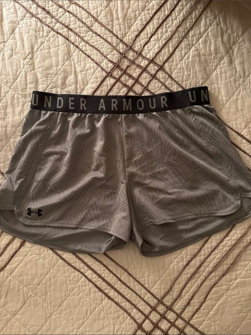 Under Armour Women's Light Gray Athletic Shorts with Black Logo Waistband